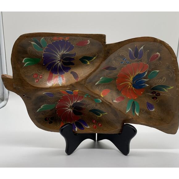 Vntg Mexican Folk Art Wooden Wood Divided Bowl/Tray 14” Long 8” Wide Flowers - Picture 1 of 12